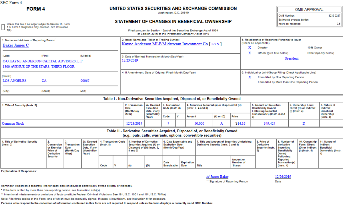 Insider Buying in Kayne Anderson MLP/Midstream Investment Company (KYN)