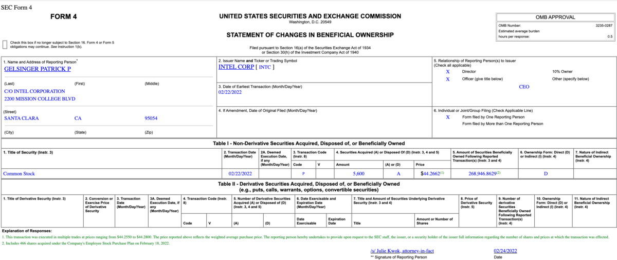Insider Buying in Intel Corporation (INTC)