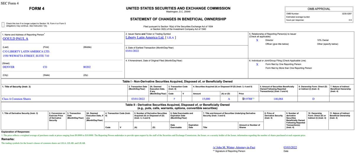 Insider Buying in Liberty Latin America Ltd. (LILA)