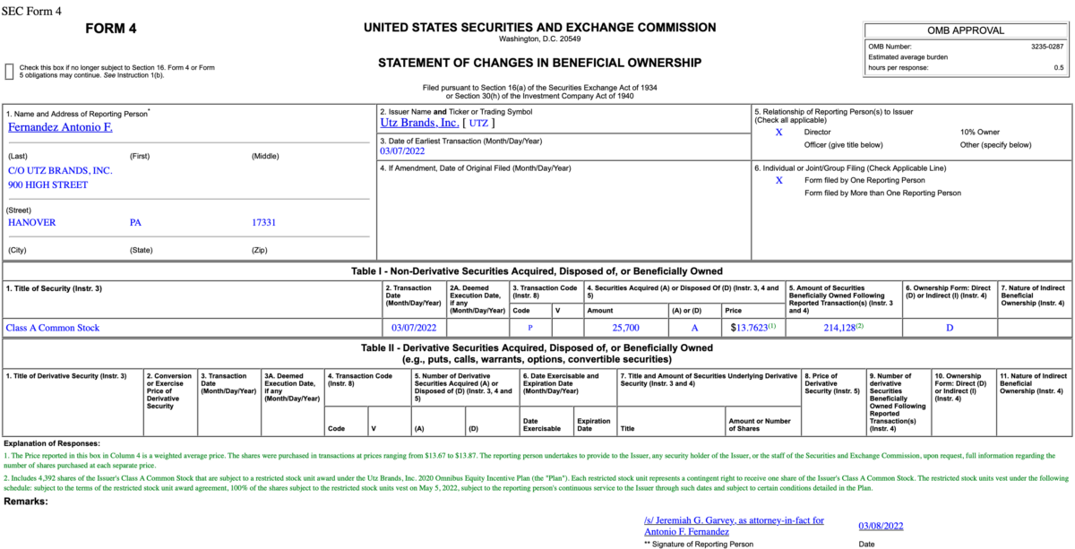 Insider Buying in Utz Brands, Inc. (UTZ)