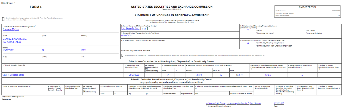 Insider Buying in Utz Brands, Inc. (UTZ)