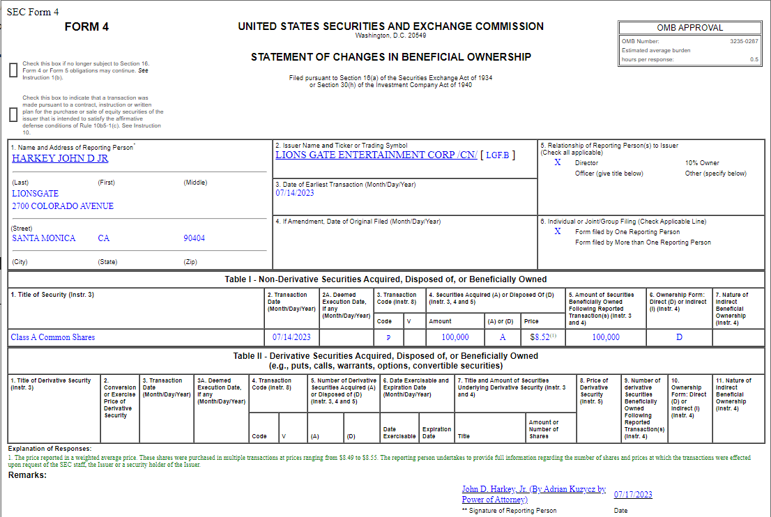 Insider Buying in Lions Gate Entertainment Corp. (LGF-B)